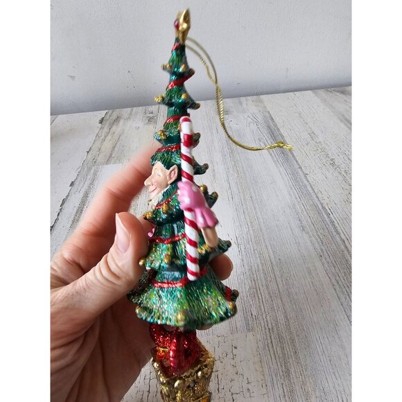 Glitter elf tree ornament green candy cane unique large Xmas - Picture 3 of 8